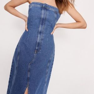 NEW Seam Detail Split Front Denim Bandeau Maxi Dress